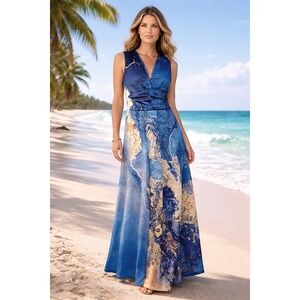 Sleeveless Blue Marble Maxi Dress